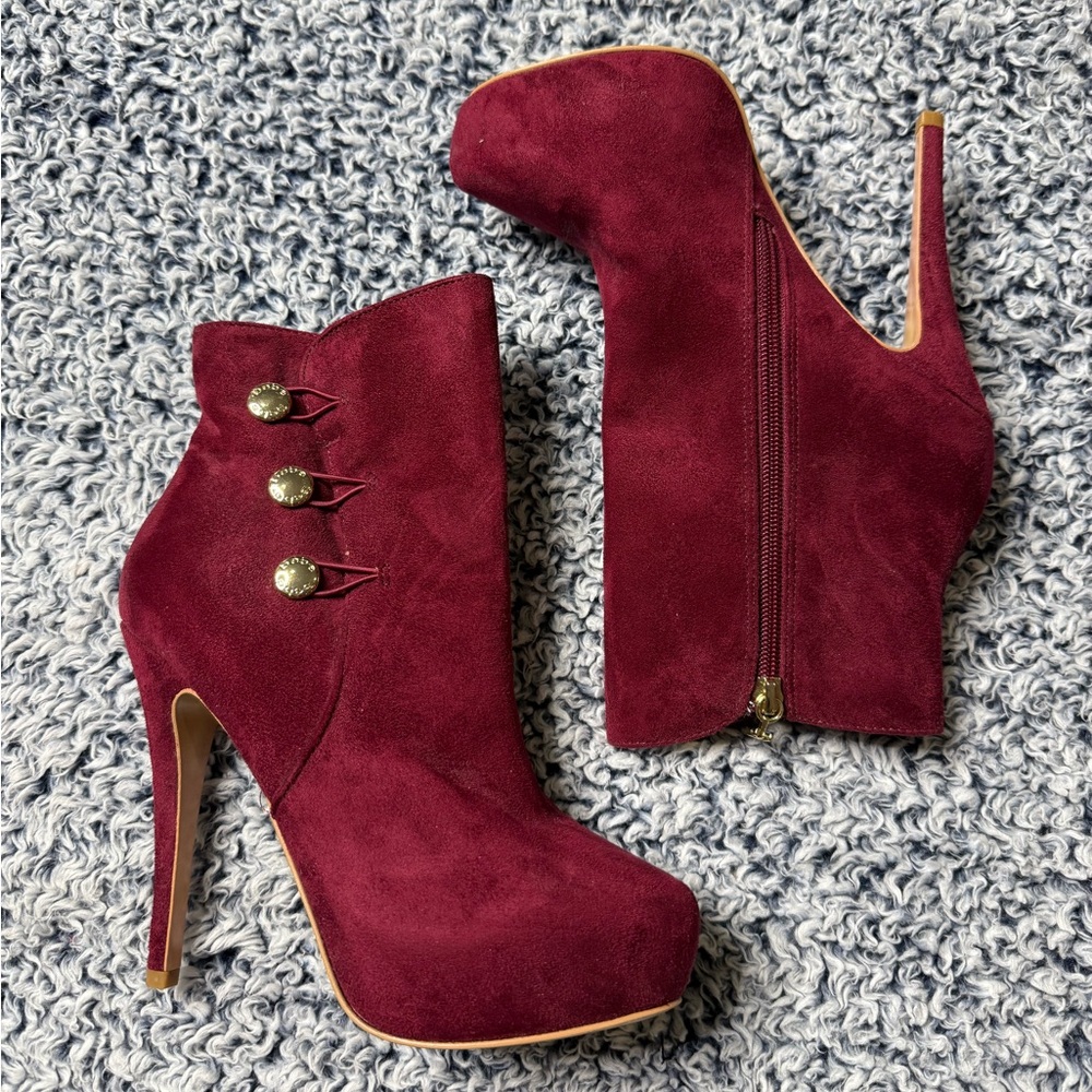 Bebe Suede Maroon Ankle High Heel Booties